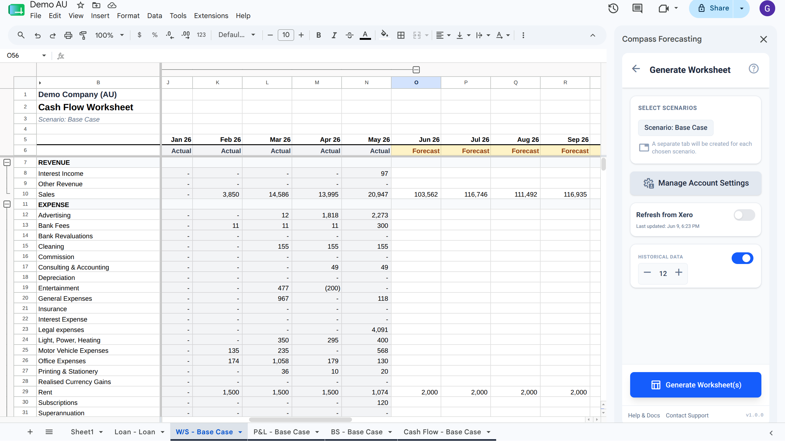 CompassForecasting Worksheet Sidebar Options